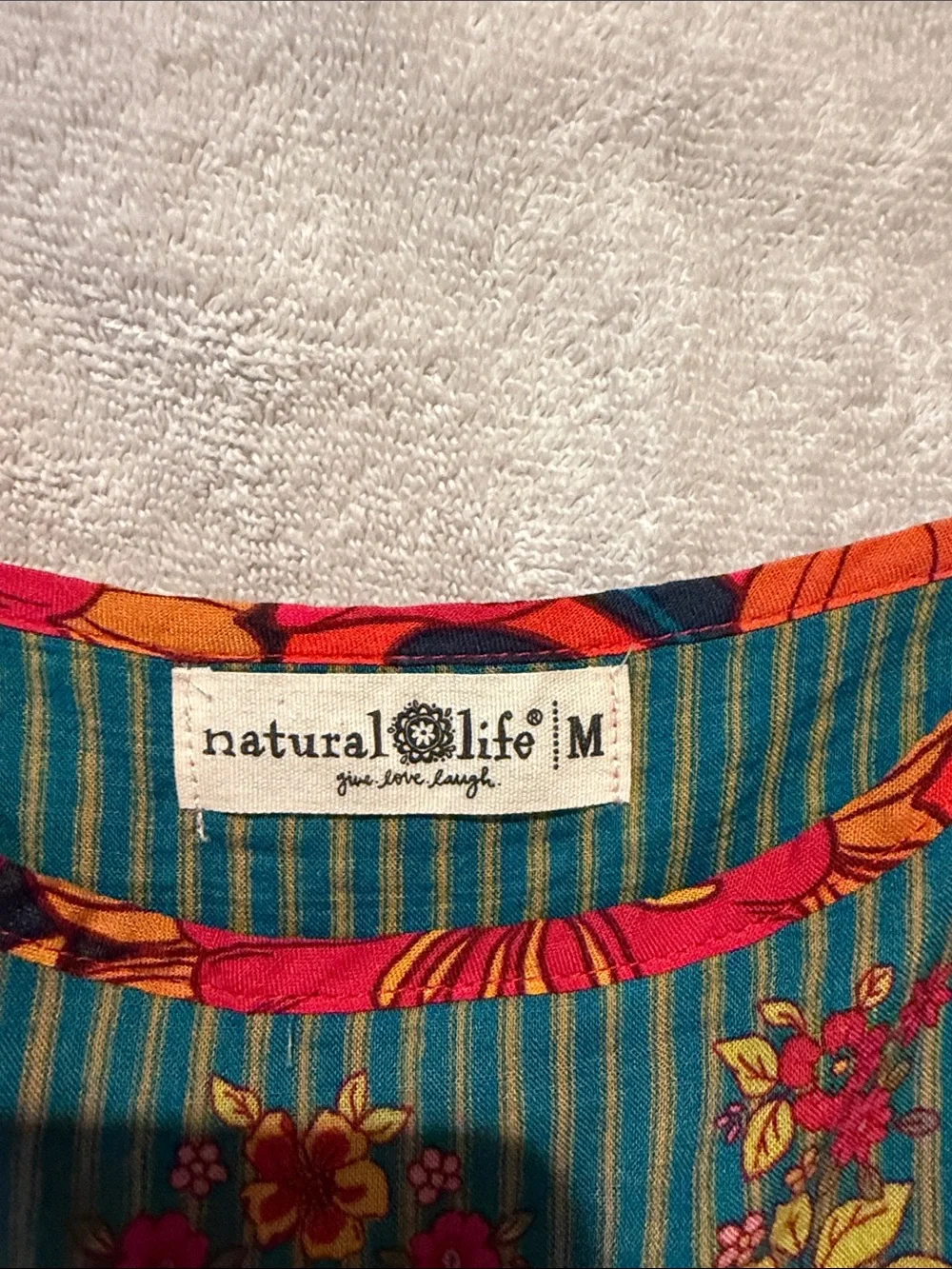 NATURAL LIFE Teal Stripe Floral Gigi dress with Pink & Orange Trim